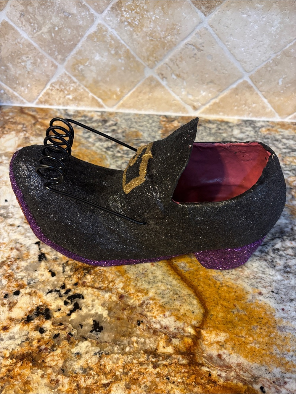HALLOWEEN WITCH SHOE BOOT CANDY HOLDER BUCKET PAIL PAPER MACHE STYLE GLITTER #2